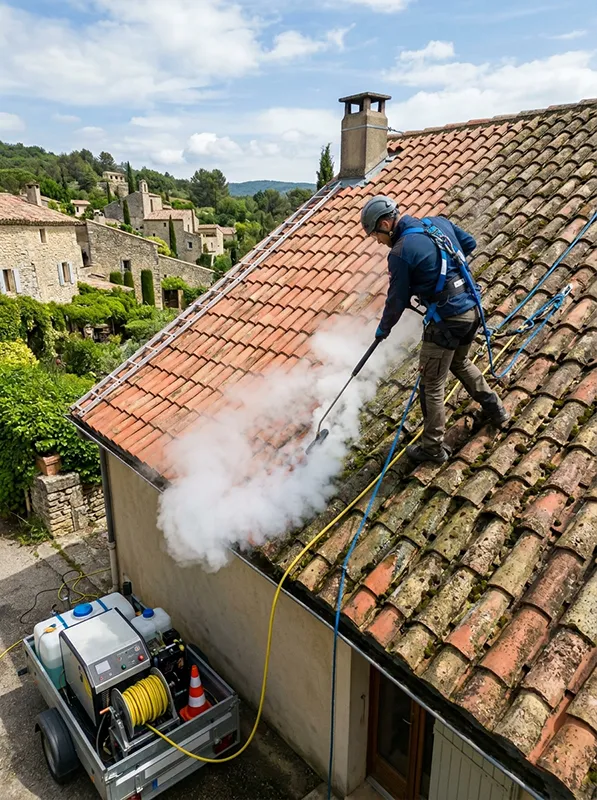 Toiture en tuiles nettoyée à la vapeur